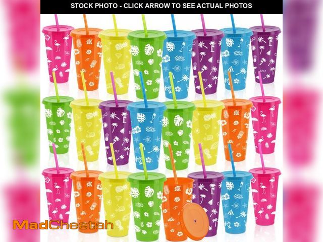 Lot 74-12438211 - Kochorie 24 Pieces 24 oz Hawaiian Cups Luau Tumbler Cups with Straw and Lid 6 Design Reusable Plasti...