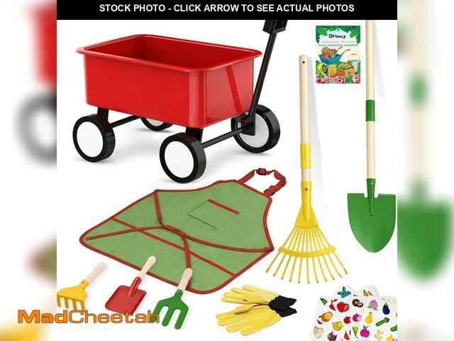 Lot 74-13953630 - Qtioucp Kids Gardening Wheelbarrow Set, Metal &amp; Wooden Garden Tools for Kids Ages 3-8, Real Whee...
