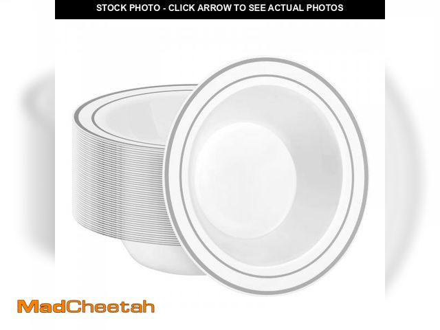 Lot 74-12433614 - BESTSTAR 50 Pack Disposable Soup Bowls with Silver Rim, 12oz Premium Heavy Duty Plastic Dinner Bowls...