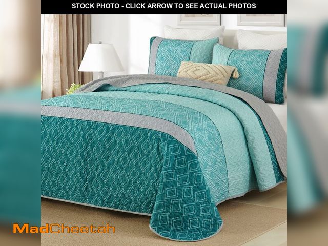 Lot 74-14207598 - Cottolester Boho Quilt Set Twin Size 2 Pieces,Teal Striped Patchwork Bedspread Coverlet for Men Wome...