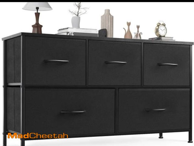 Lot 74-12367718 - OLIXIS Dresser for Bedroom, 5 Storage Fabric Drawers, Metal Frame and Wooden Top, Tall Storage Drawe...