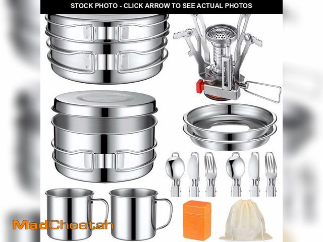 Lot 74-13625041 - Funnymoom 15 Pcs Camp Cooking Set Stainless Steel Camping Cookware Mess Kit with Pot Pan and Stove 2...