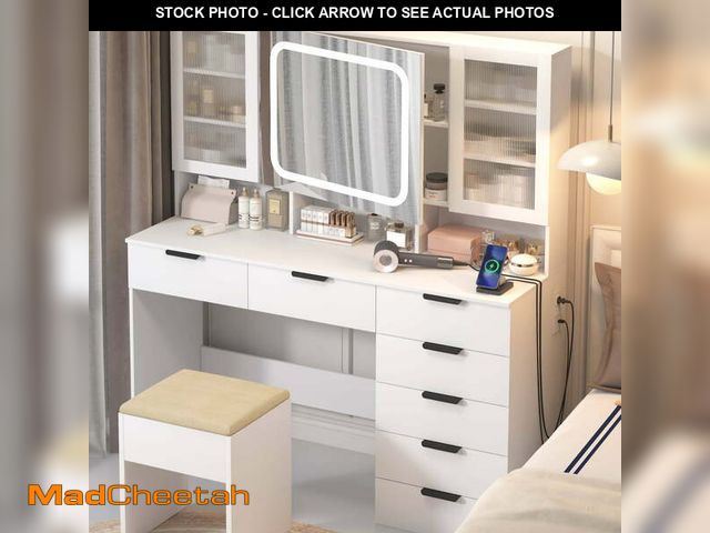 Lot 74-13607123 - Ktaxon Makeup Vanity Set with 3 Color Lighted Mirror &amp; Charging Station, Dressing Table w/ 7 Dra...