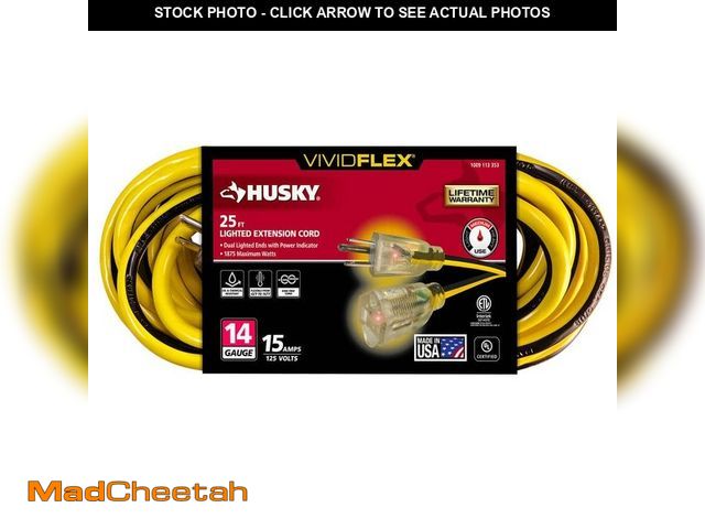 Lot 74-13799663 - Husky VividFlex 25 ft. 14/3 Gauge Medium Duty Indoor/Outdoor Extension Cord with Lighted End, Yellow...