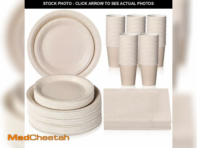 Lot 74-14065436 - Tioncy 200 Pcs Ivory White Disposable Paper Plates Cups and Napkins, Graduation Party Supplies Serve...