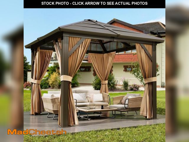 Lot 74-12425049 - 10X10 FT Outdoor Polycarbonate Hardtop Gazebo, Outdoor Gazebo with Mesh Nettings and Sunshade Curtai...