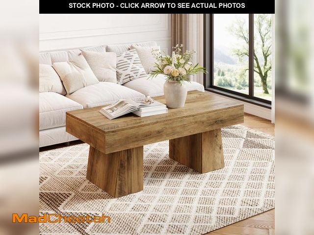 Lot 74-12159349 - LITTLE TREE Farmhouse Coffee Table, 47 Inches Wooden Rectangular Accent Center Tables with Thick Bas...