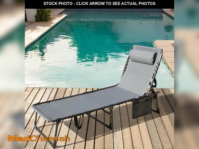 Lot 74-14468667 - VEIKOUS Outdoor Folding Chaise Lounge Chair Fully Flat for Beach with Pillow and Side Pocket, Dark G...
