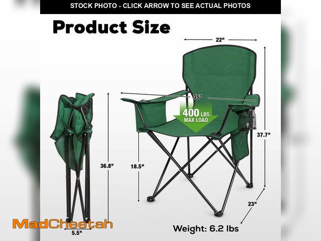 Lot 74-14608391 - SUNSPIRE Green Portable Camping Chair with 4-Can Cooler, Cushioned Seat and Back, Side Pockets and C...