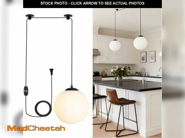 Lot 74-13696890 - Loyled Globe Plug-in Pendant Lights - Black Mid Century Light Fixture with Milk Glass, Modern Ceilin...