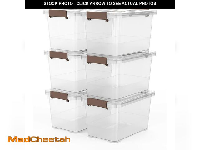 Lot 74-14155023 - WYT 6-Pack Clear 7 Quart Storage Latch Box/Bins, Plastic Stackable Latching Box with Brown Handle an...