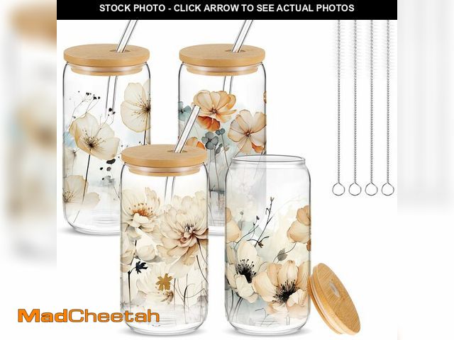 Lot 74-13717831 - Mumufy 4 Pcs Gift for Women Chinoiserie Flower Glass Cup Tumbler Flower Iced Coffee Mugs 16 oz Glass...