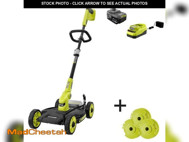 Lot 74-12659649 - RYOBI ONE+ 18-Volt 12 in. Cordless 3-in-1 Trim Mower with Extra 3-Pack of Spools, 4.0 Ah Battery and...