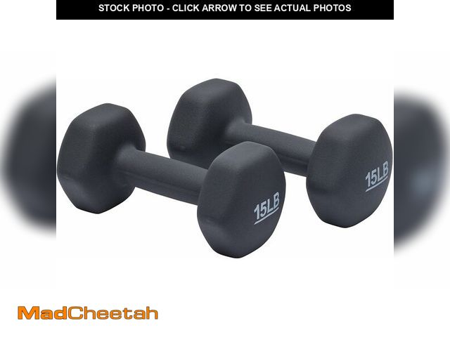 Lot 74-13926874 - Basics Neoprene Hexagon Shape Dumbbell Hand Weights, 15 Pounds, Home Workout, Dark Grey, Pair - UNUS...