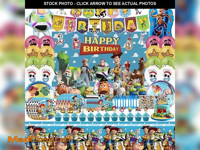 Lot 74-14424539 - Cartoon Birthday Decorations, Cartoon Party Supplies - Happy Birthday Banner Balloons Plates Backdro...