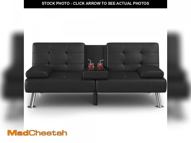 Lot 74-12481913 - LACOO 65 in. Convertible Folding Futon Sofa Bed, Black Faux Leather Upholstered Roomy Love Seat - UN...