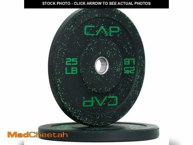 Lot 74-12567729 - CAP Barbell Economy - Speckled Olympic Bumper Plate Set with Green Logo, Black, 25 lb Pair - UNUSED