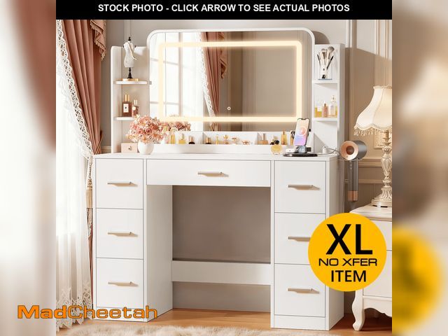 Lot 74-13108563 - Furmax Makeup Vanity Desk with LED Mirror, Modern Vanity Table Set with Storage &amp; Power Outlet f...