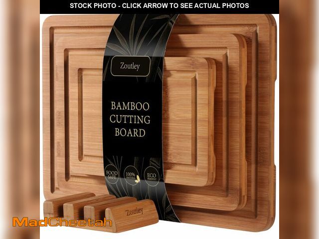 Lot 74-14274770 - Zoutley 3-Piece Deep Carbonized Bamboo Cutting Board Set with Vertical Drying Stand | Wooden Choppin...