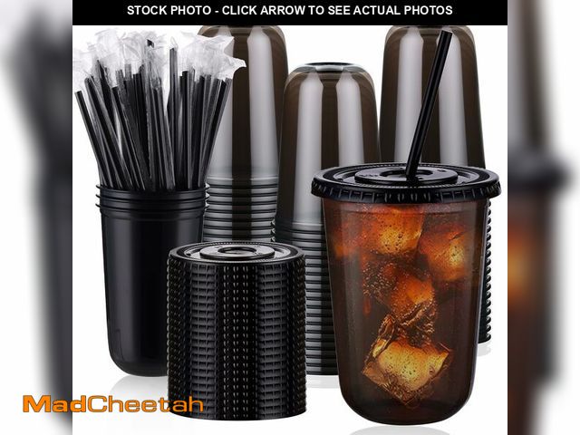 Lot 74-12717695 - tchrules 100 Set 16oz Plastic Cups with Lids and Straws, Disposable Black Clear Iced Coffee Cup with...