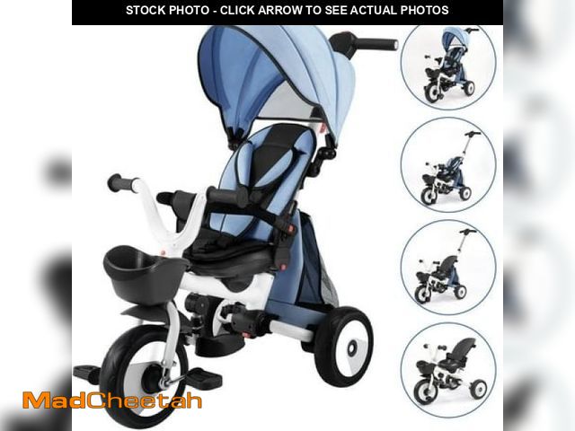 Lot 74-12155914 - 4-in-1 Foldable Baby Tricycle W/Adjust Handle  Canopy &amp; Storage 18M-5Y Blue - USED
