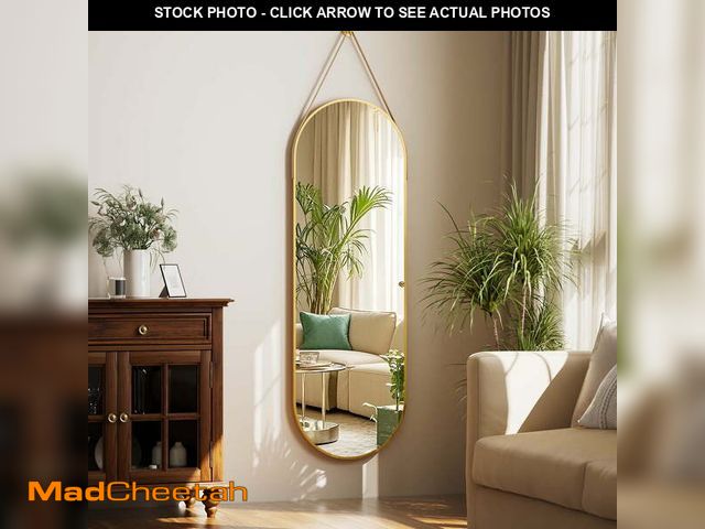 Lot 74-12780213 - BEAUTYPEAK 48" x 16" Arched Full Length Mirror Hanging Wall Mirrors with Leather Strap, Gold - UNUSE...