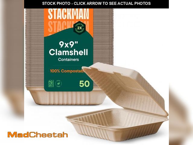 Lot 74-12109992 - 100% Compostable To Go Containers 9x9" Clamshell Take Out Food Container with Hinged Lid - Disposabl...