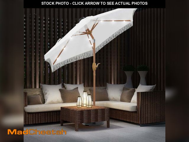 Lot 74-14604845 - Autlaycil 7.5 ft Fringe Patio Umbrella with 18 LED Lights, Tassels Solar Umbrella - White - UNUSED