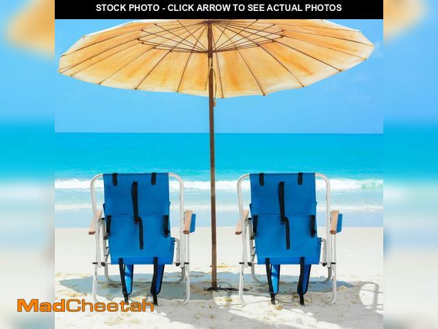 Lot 74-14350513 - Blue Folding Beach Chair Set of 2 4 Position Portable Backpack Camping Chair with Headrest Cup Holde...