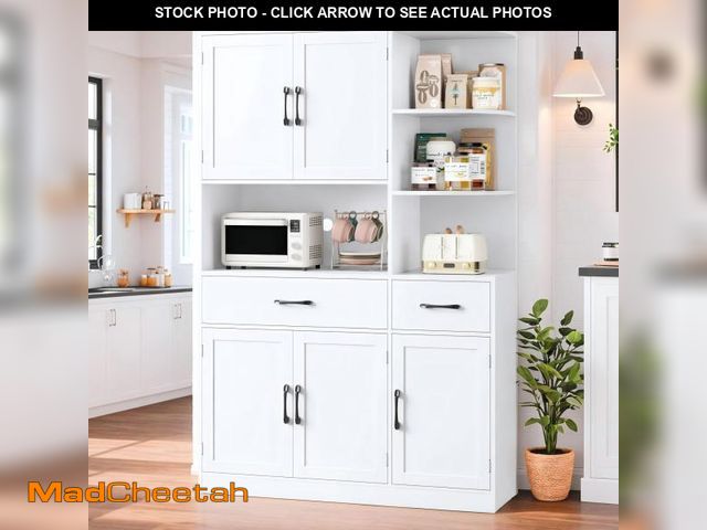 Lot 74-12340794 - Homfa 67" Kitchen Pantry with Microwave Stand, Freestanding Kitchen Cupboard with 5 Doors, 2 Drawers...