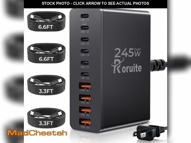 Lot 74-14480366 - Roruite USB C Charging Station 10 Port with 4 Cables,245W GaN Charger Block - UNUSED