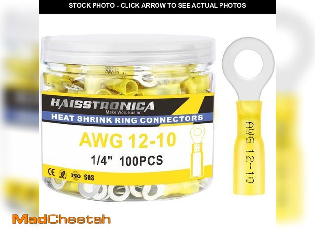 Lot 74-14148126 - haisstronica 100PCS Heat Shrink Ring Terminals 1/4" Marine Grade Wire Connectors Yellow AWG 12-10 Ga...
