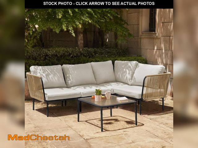 Lot 74-12162003 - (MISSING GLASS TABLE) EAST OAK 5-Piece Montauk Modular Patio Furniture Set, Outdoor Corner Sofa with...