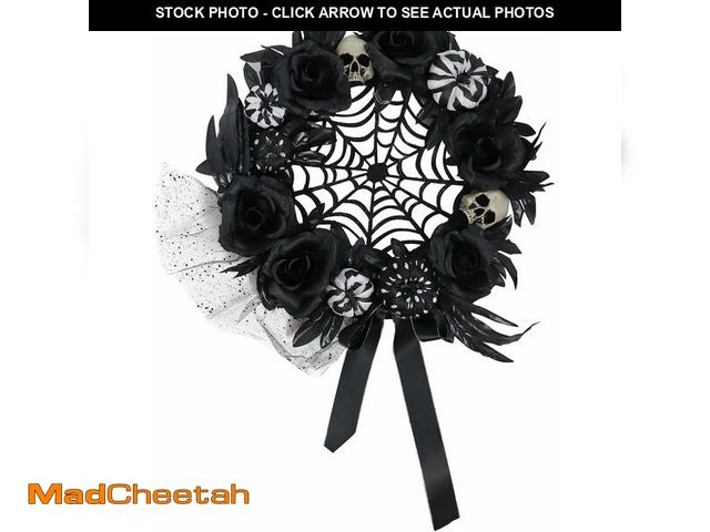 Lot 74-12544102 - Haunted Hill Farm 15-in. Halloween Black and White Floral Wreath with Harlequin Pumpkins, Dungeon Sk...