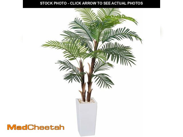 Lot 74-13214073 - HAIHONG Artificial Palm Tree 6FT, Fake Tree with Realistic Fiber Trunks and White Tall Planter, Faux...