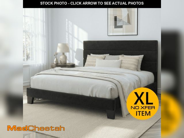 Lot 74-13507673 - Amolife King Bed Frame, Platform Bed Frame with Velvet Upholstered Headboard, Black - UNUSED