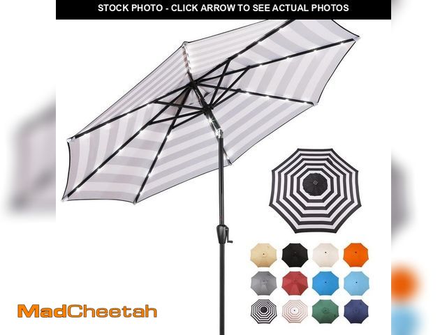 Lot 74-14254700 - Sun-Ray 9 ft. Steel Market Solar Lighted 8-Rib Round Patio Umbrella in Black and White Stripe - UNUS...