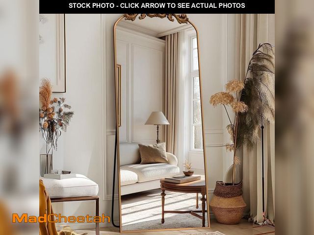 Lot 74-12511912 - Antok 58"x18" Vintage Arched Full-Length Mirror with Carved Metal Frame, Baroque-Style Floor Mirror,...