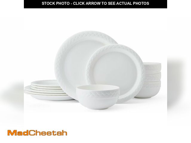 Lot 74-12544240 - Mikasa Shay Bone China Lightweight Chip Resistant 12 Piece Dinnerware Set, Service for 4, White - UN...