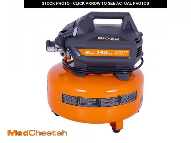 Lot 74-12517390 - RIDGID 6 Gal. 150 PSI Portable Electric Oil-Free Jobsite Pancake Air Compressor with 25 ft. Air Hose...