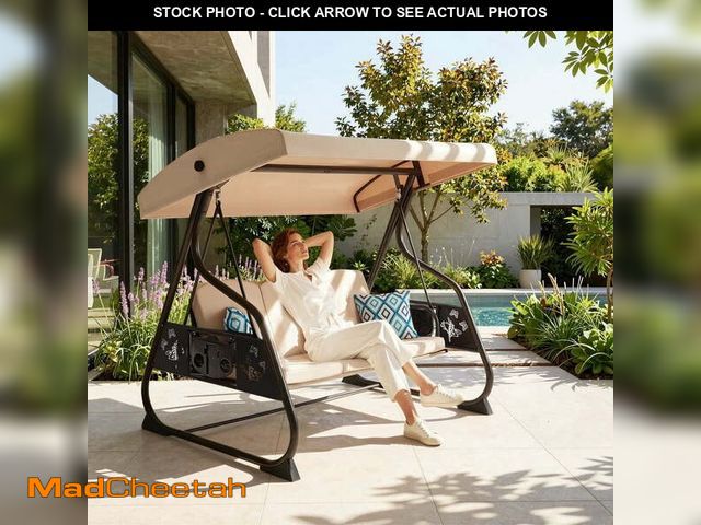 Lot 74-14351285 - YIKEMA Freestanding Canopy Porch Swing with Stand, 3-Seat Steel Patio Swing, Khaki - UNUSED