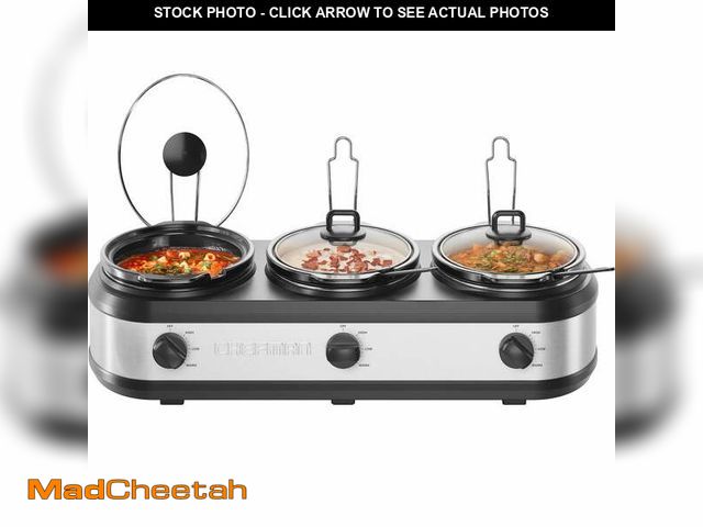 Lot 74-14588032 - (MISSING ONE CROCK) Chefman Triple Slow Cooker &amp; Buffet Server, Three 2.5-Quart Inserts  Stainle...