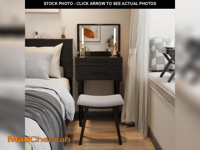 Lot 74-12241023 - Muwuele Solid Wood Small Vanity Desk with Flip Top Mirror, Brightness Adjustable Lights, Compact Van...