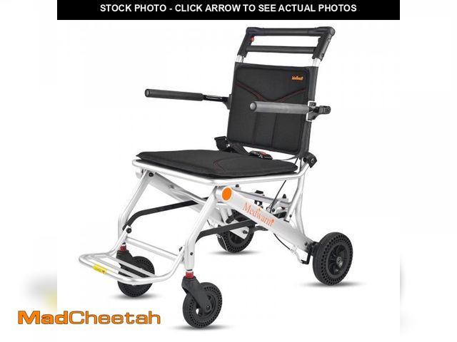 Lot 74-12263429 - Medwarm Portable Aluminum Transport Wheelchair with Handbrake, 11" Rear Wheels, Ultralight Folding T...