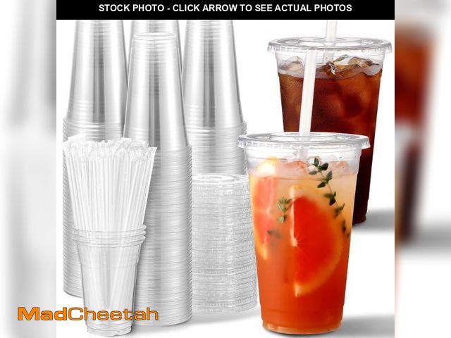 Lot 74-12047612 - AOZITA 100 Pack - 24 oz Clear Plastic Cups with Lids and Straws, Sturdy &amp; Food Safe Iced Coffee ...