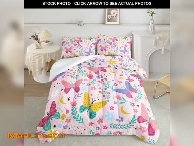 Lot 74-12441349 - QOOMO Colorful Butterfly Kids Comforter Set,Floral Kawaii Bedding Set with Full Size for Girls,Carto...
