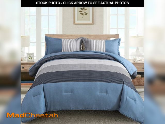 Lot 74-14283942 - WONGS BEDDING Comforter Set Queen Size, Reversible Blue Grey Striped Patchwork Down Alternative Comf...