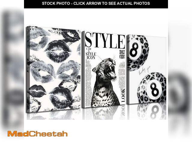 Lot 74-14055930 - 3Pcs Trendy Black and White Leopard Canvas Wall Art Fashion Lucky 8 Ball Lips Pictures Wall Decor Vi...