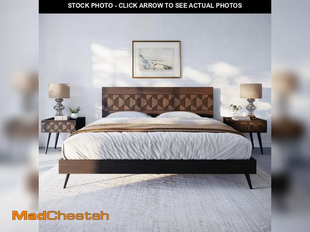 Lot 74-12392095 - Bme Georgina Signature Bed Frame with Handcrafted Geometric Headboard, Mid Century Modern, Solid Aca...