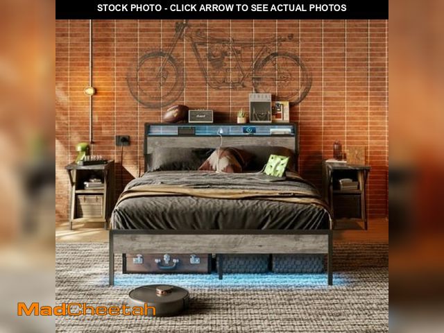 Lot 74-12263835 - Bestier Queen Size Bed Frame LED Platform Bed with Storage Headboard Charging Station Grey - UNUSED